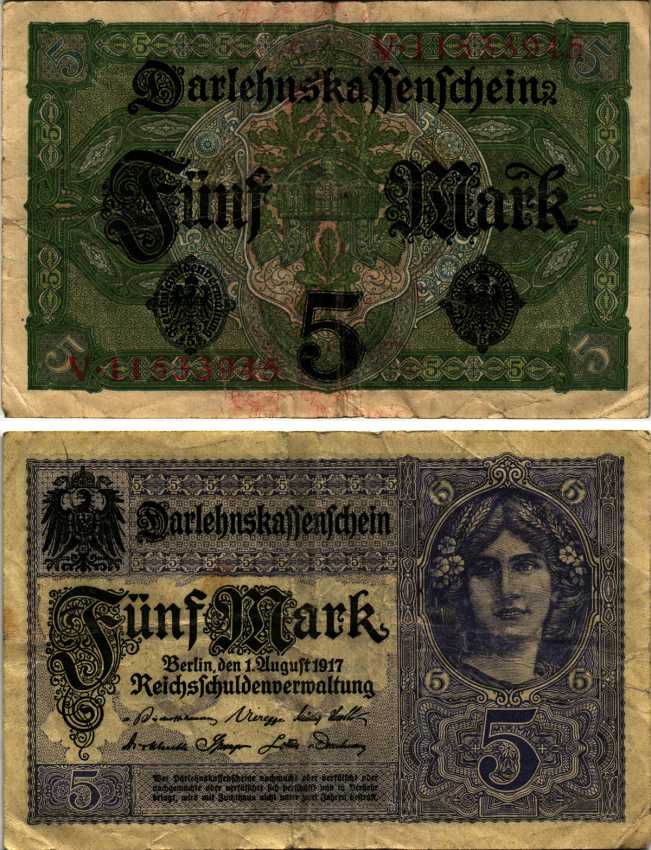 ГЕРМАНИЯ 5 МАРОК 1917 1 АВГУСТА 1917, ВОСЕМЬ ЦИФР В НОМЕРЕ Pick 56b бумага 8607-9-2-2