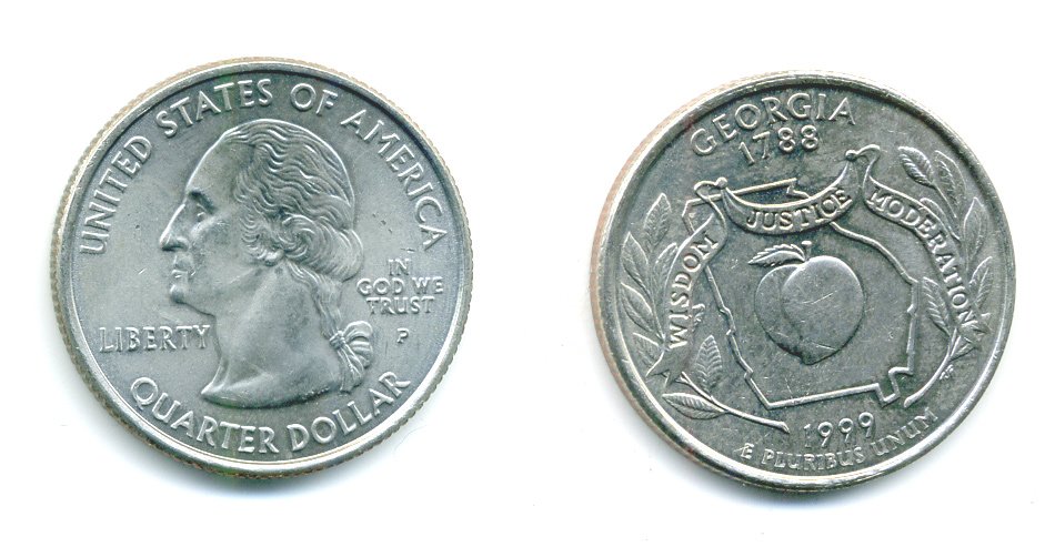 США 25 центов = квотер 1999 Р, серия штаты США, Джорджия KM 296 медь плакированная медно-никелем 61-1121