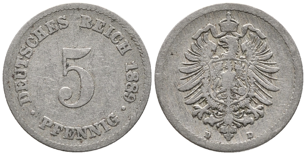 ГЕРМАНИЯ 5 ПФЕННИГОВ 1889 D, СТАРОГЕРБОВКА KM 3, J. 3 медно-никель 39-427