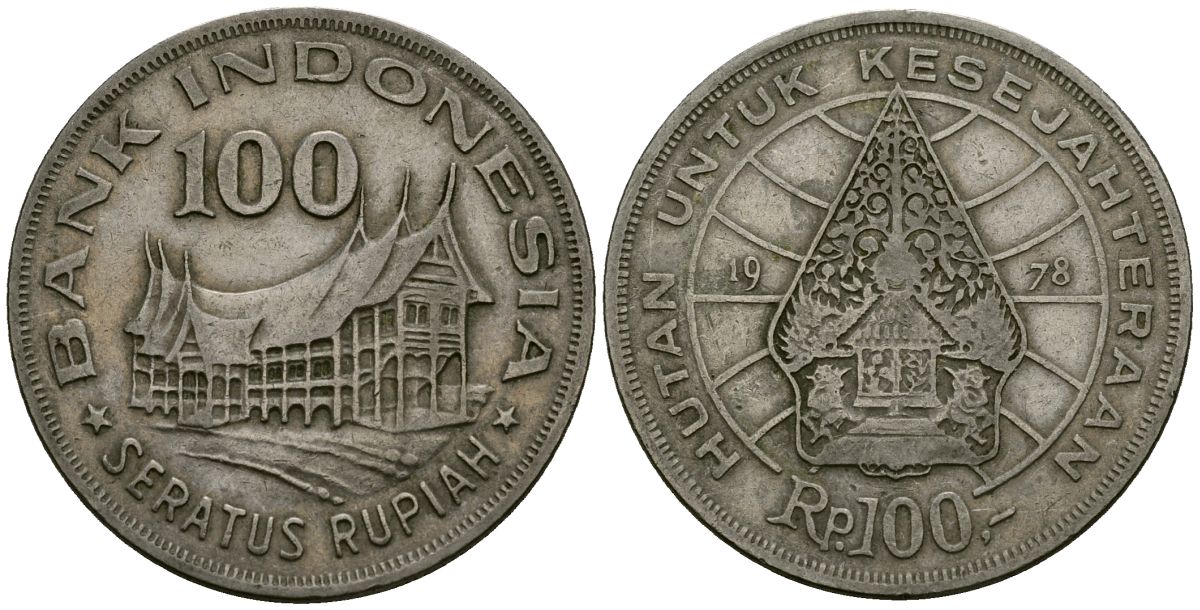 Индонезия 100 рупий 1978 хижина Минангкабау, легендарное дерево жизни KM 42 медно-никель 4120-243
