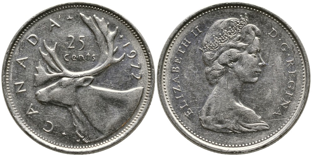 Канада 25 центов 1972 Елизавета II (1952-2022), олень KM 62 b никель 4543-732