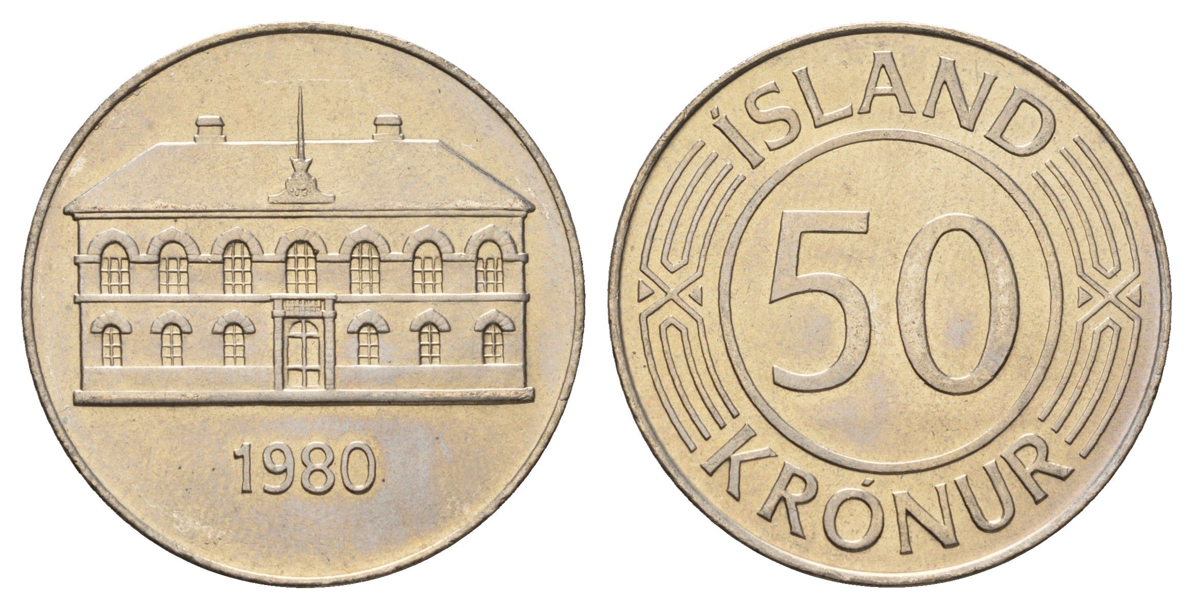 Исландия 50 крон 1980 здание парламента в Рейкьявике KM 19 медно-никель UNC 4517-244