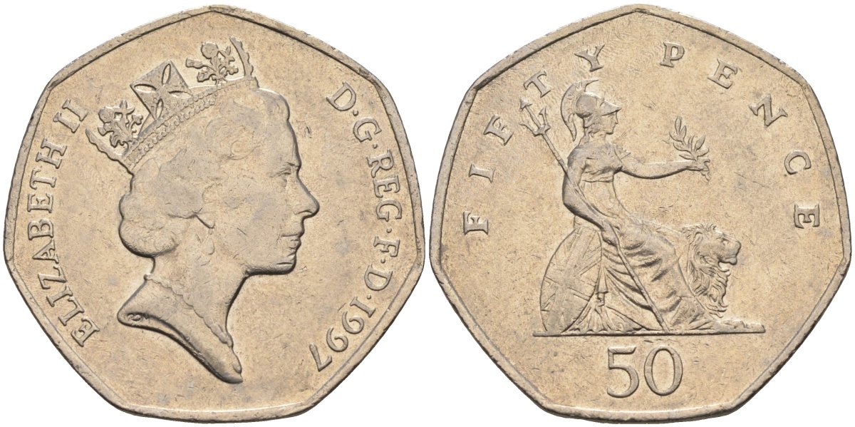 Великобритания 50 пенсов 1997 Елизавета II (1952-2022) KM 940.2, Spink 4351 (H7) медно-никель 4583-1245
