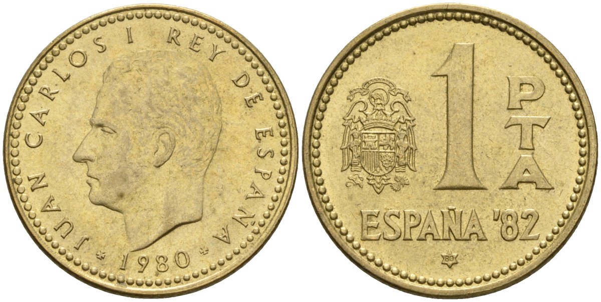 Испания 1 песета 1980 (80) чемпионат мира по футболу 1982 года в Испании, Хуан Карлос I (1975 - 2014) KM 816 алюминиевая бронза 4604-446
