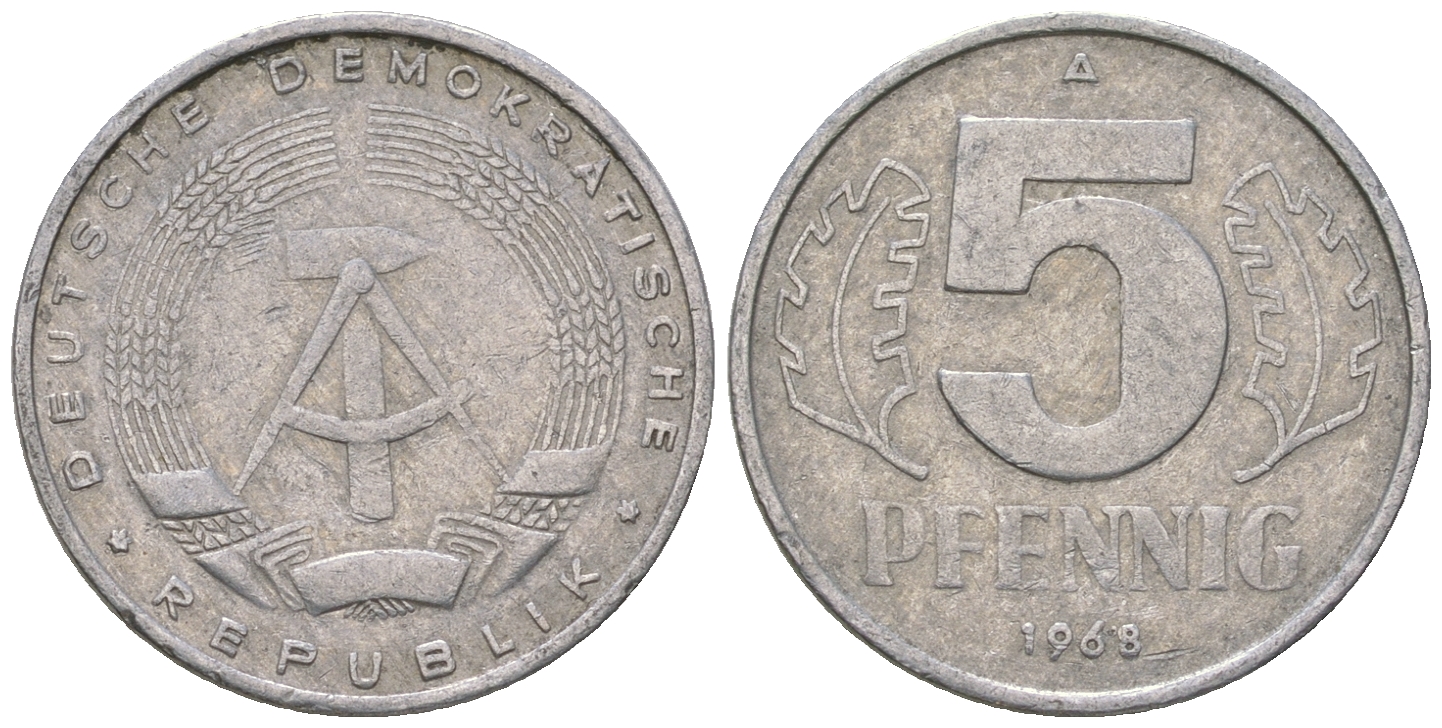 ГДР 5 пфеннигов 1968 А KM 9.1 алюминий 4625-142