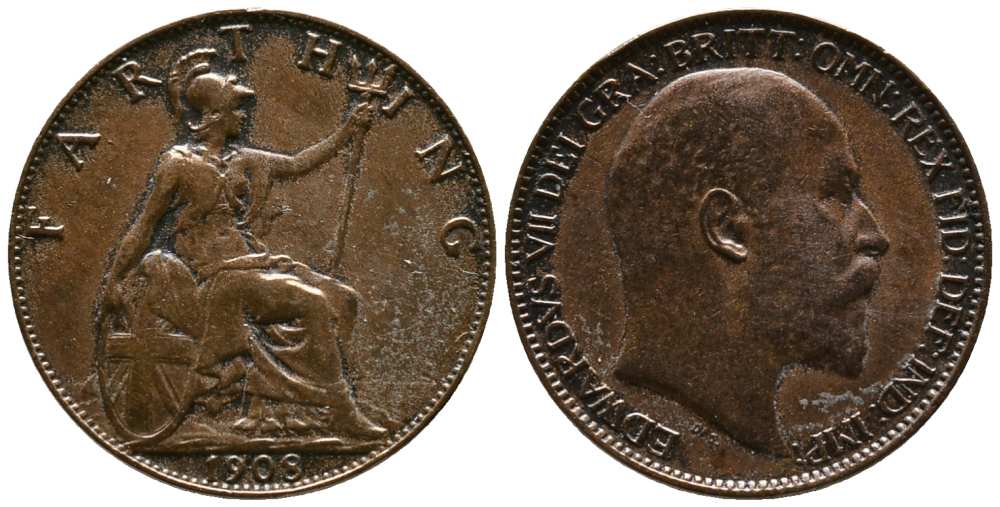 Великобритания 1 фартинг 1908 Эдуард VII (1901-1910), KM 792, Spink 3992 бронза 117-533