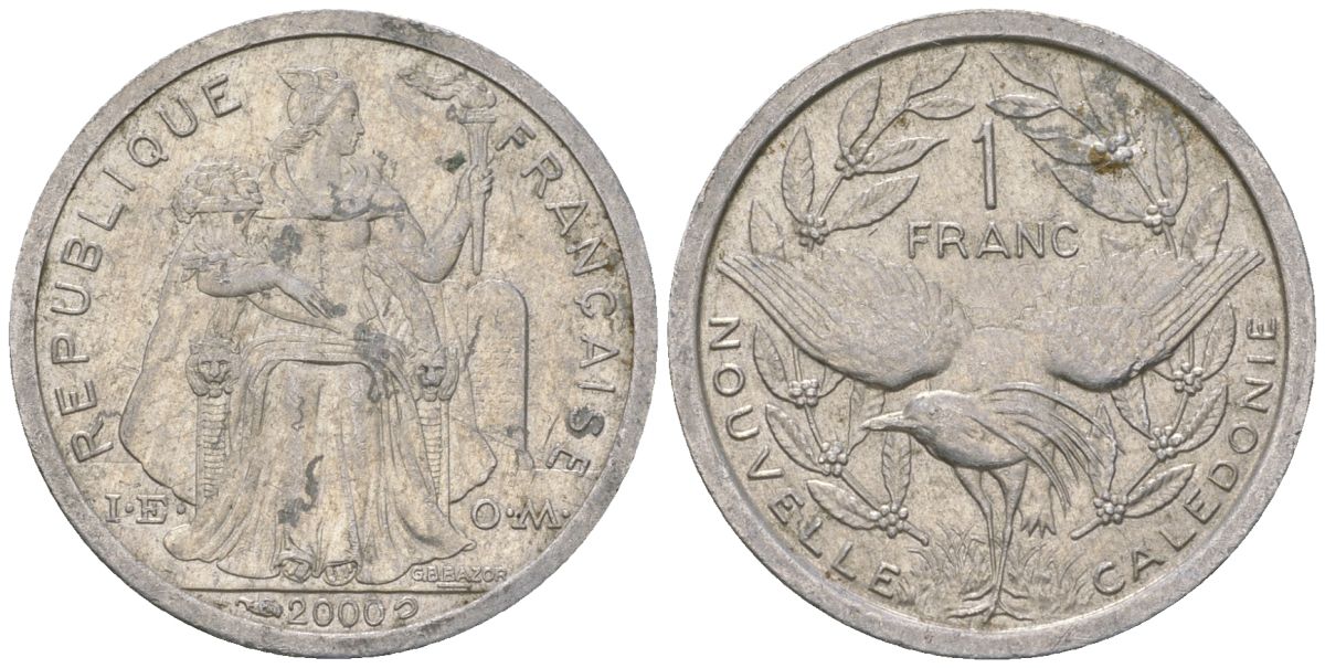 Французская Новая Каледония 1 франк 2000 птица кагу, (IEOM) KM 10, Schoen 10, Lec 52e алюминий 41-955