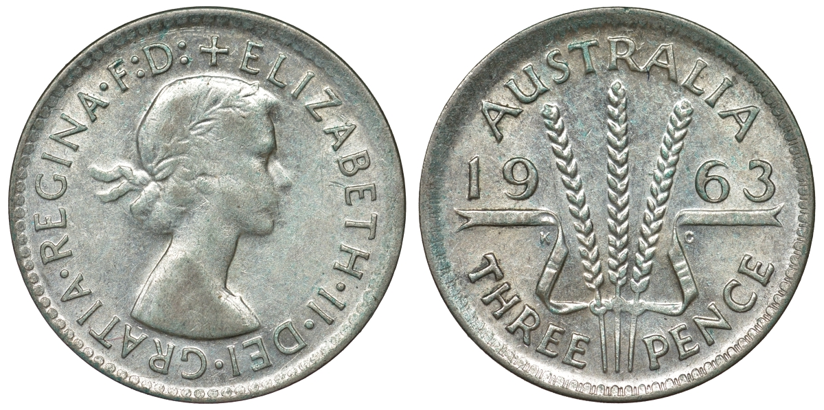 Австралия 3 пенса 1963 m, Елизавета II (1952-2022) KM 57 серебро 71-938