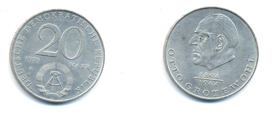 ГДР 20 марок 1973 А, Отто Гротеволь (1894-1964) KM 47 медно-никель 3333-444