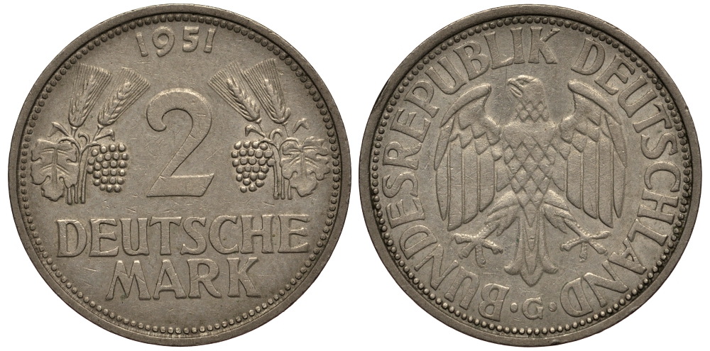 ФРГ 2 марки 1951 G J 386, KM 111 медно-никель плакированный никелем 413-4612