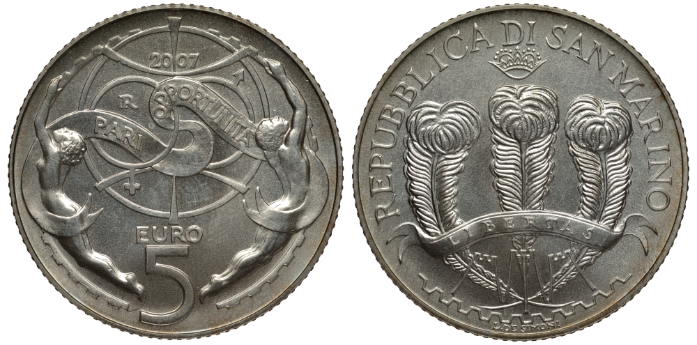 Сан-Марино 5 евро 2007 PARI OPPORTITA, каждый имеет равные возможности для реализации своих трудовых прав KM 473 серебро UNC 1087-6-62