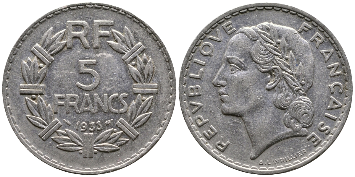ФРАНЦИЯ 5 ФРАНКОВ 1933 KM 888 никель 63-521