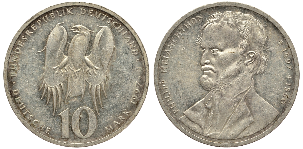 ФРГ 10 марок 1997 J, 500 лет со дня рождения Филиппа Меланхтона KM 189 серебро 413-1731