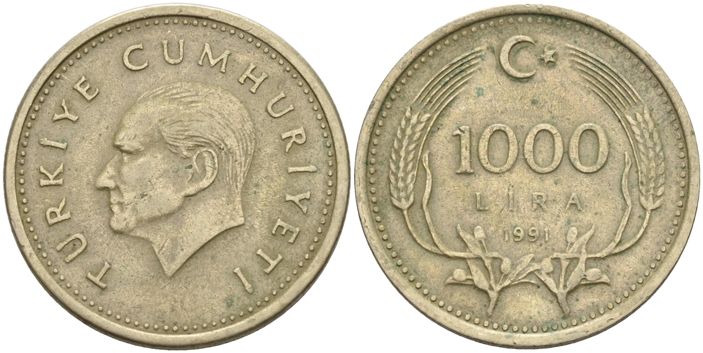 Турция 1000 лир 1991 Кемаль Ататюрк KM 997 медь цинк никель    4595-523