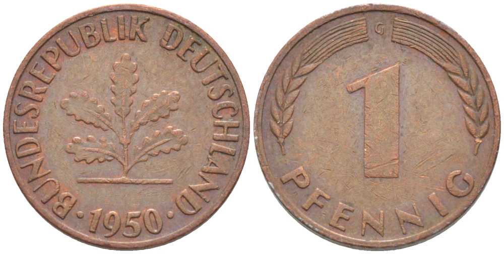 ФРГ 1 ПФЕННИГ 1950 G KM 105, J. 380 сталь плакированная медью 116-346