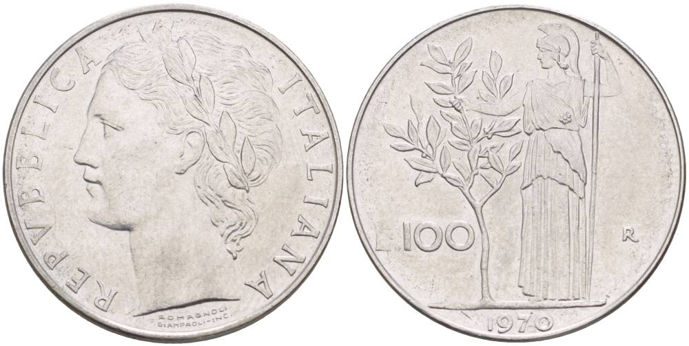 ИТАЛИЯ 100 ЛИР 1970 R, АФИНА У ОЛИВКОВОГО ДЕРЕВА KM 96.1 нержавеющая сталь 4545-643