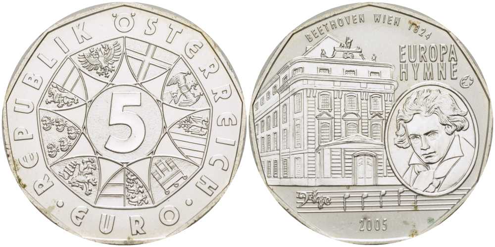 Австрия 5 евро 2005 10 лет вступления Австрии в ЕС, Бетховен, гимн ЕС KM 3120 серебро UNC 02-012-25