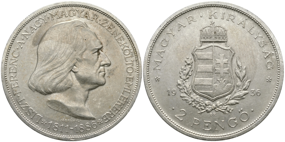 Венгрия 2 пенге 1936 50 лет со дня смерти Ференца Листа KM 515 серебро aUNC 441-1613
