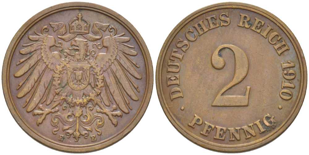 ГЕРМАНИЯ 2 ПФЕННИГА 1910 E KM 16, J. 11, Weege 4 медь 206-552