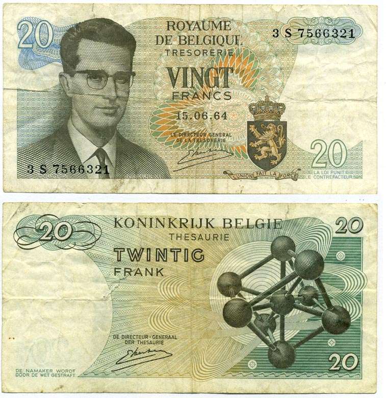 Бельгия 20 франков 1964 Бодуэн I, атомиум, Kestens Pick 138 (3) бумага 3295-71-2-1