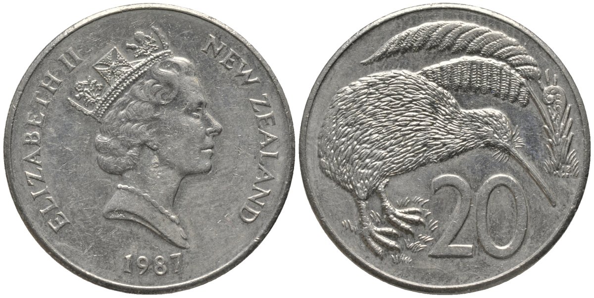 Новая Зеландия 20 центов 1987 Елизавета II (1952-2022), птичка киви KM 62 медно-никель 81-626