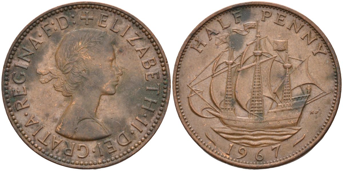 Великобритания 1/2 пенни 1967 Елизавета II (1952-2022) KM 896, Spink 4158 бронза 4126-814