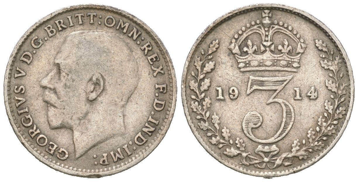 Великобритания 3 пенса 1914 Георг V (1910-1936) KM 813, Spink 4015 серебро 4618-935