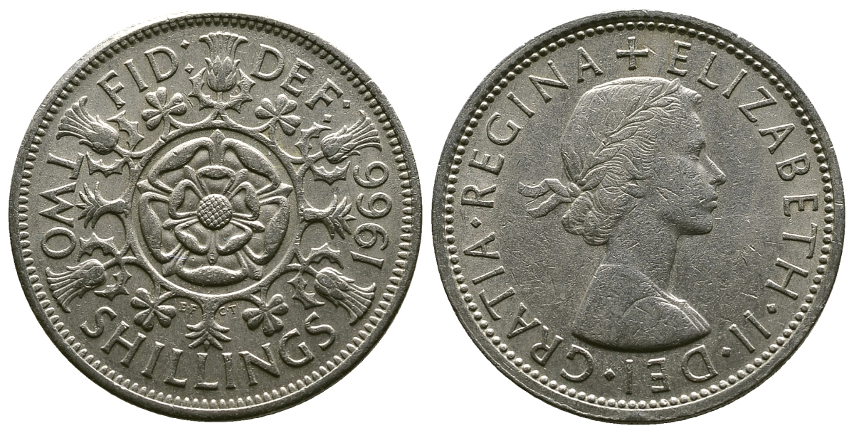 Великобритания 2 шиллинга (флорин) 1966 Елизавета II (1952-2022) KM 906, Spink 4146 медно-никель 4382-614
