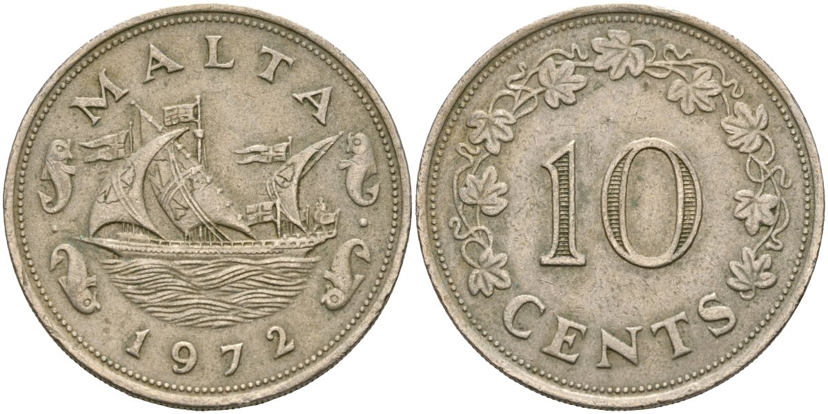Мальта 10 центов 1972 баржа Великого магистра KM 11 медно-никель 4137-913