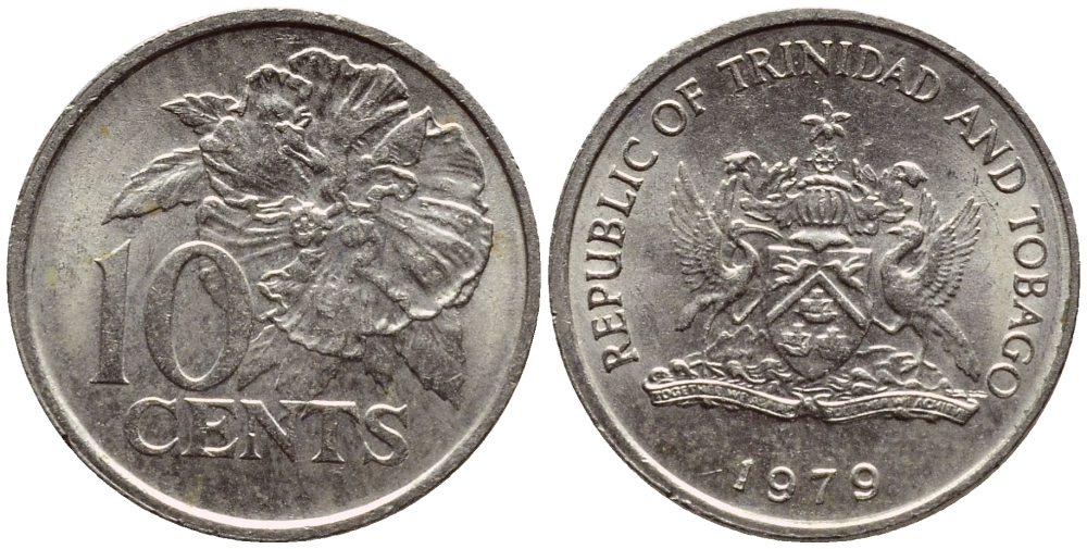 Тринидад и Тобаго 10 центов 1979 цветок гибискуса KM 31 медно-никель 4396-911
