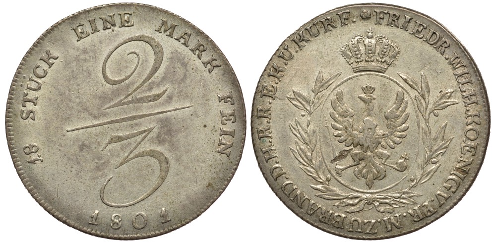Бранденбург-Пруссия 2/3 талера (гульден) 1801 Фридрих Вильгельм III (1797-1840) КМ 363, Jaeger 184, Kahnt 59 серебро aUNC 00-815-01