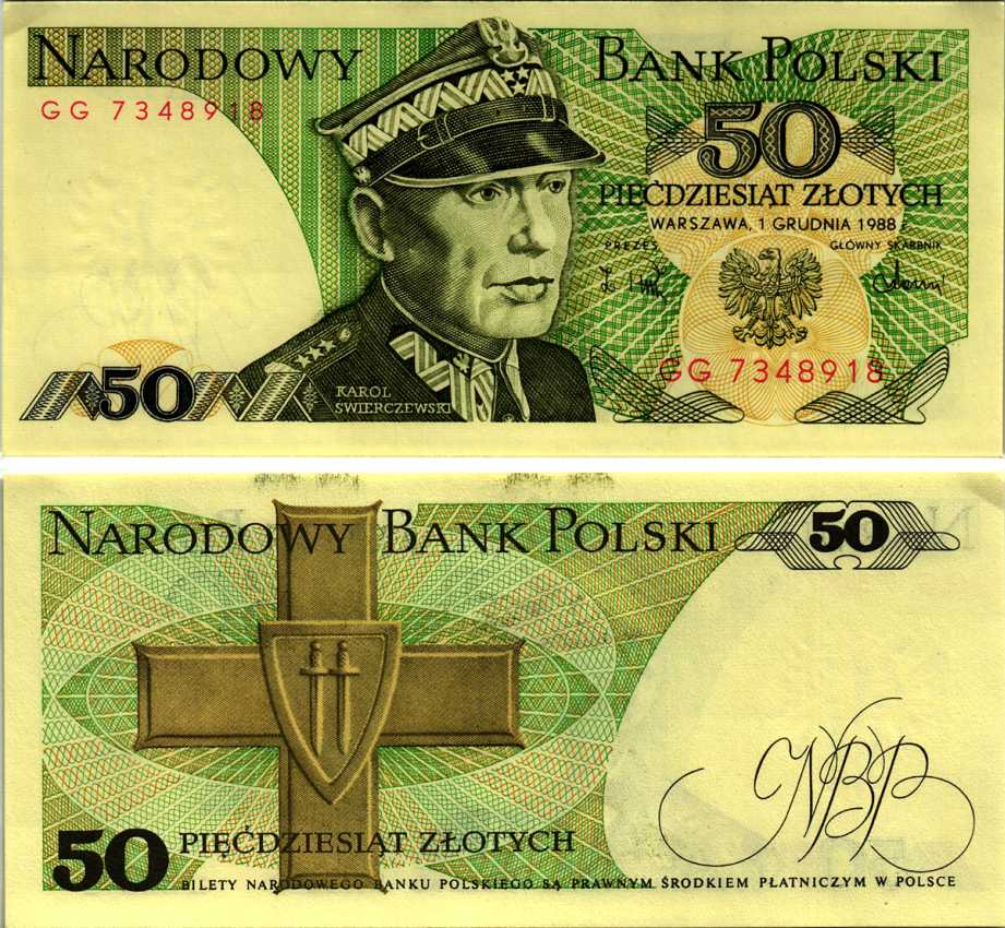 Польша 50 злотых 1988 Кароль Сверчевский, знак Грюнвальдского ордена Pick 142 c бумага аUNC 8607-72-1-2