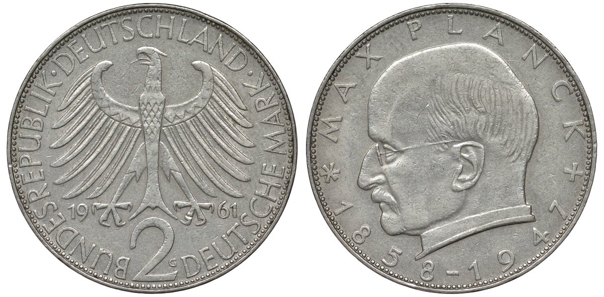 ФРГ 2 марки 1961 G, Макс Планк KM 116, J. 392 медно-никель плакированный никелем 72-314