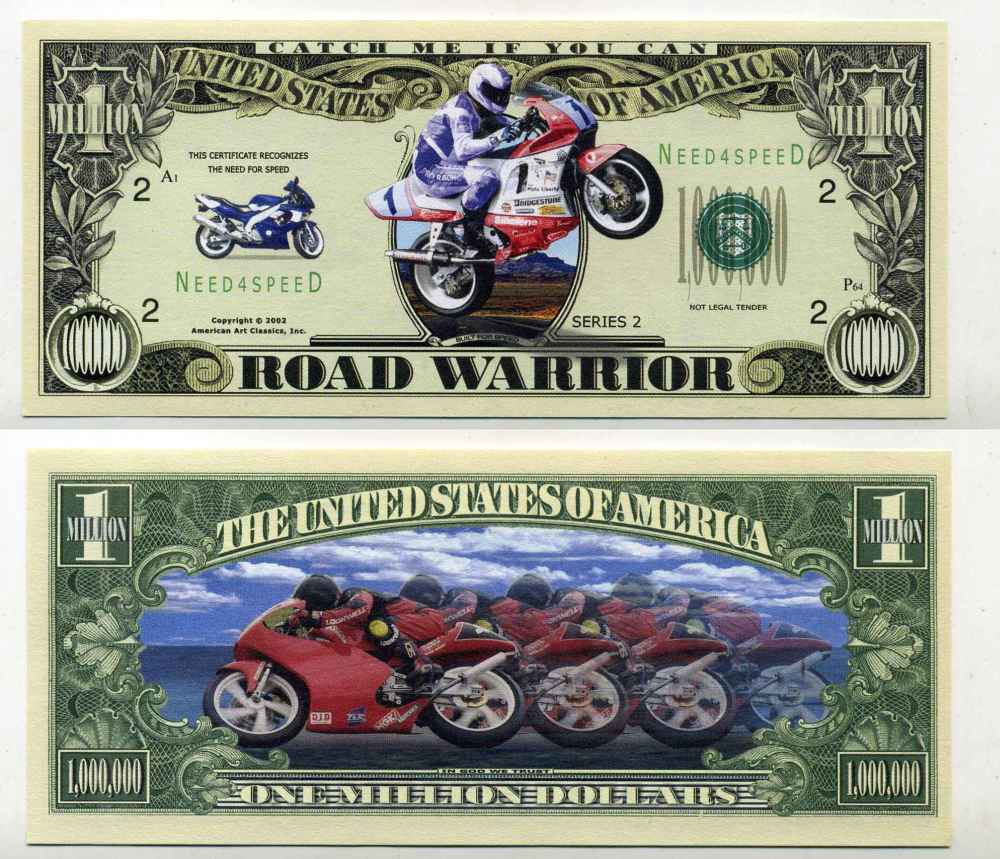 США 1000000 ДОЛЛАРОВ 2002 СУВЕНИРНАЯ БАНКНОТА, СКОРОСТНЫЕ ГОНКИ НА МОТОЦИКЛАХ бумага UNC (ПРЕСС) 8588-12-1-2