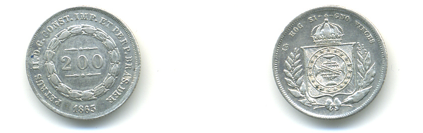 Бразилия 200 рейс 1863 Педро II (1831-1889) KM 469 серебро 89-1136