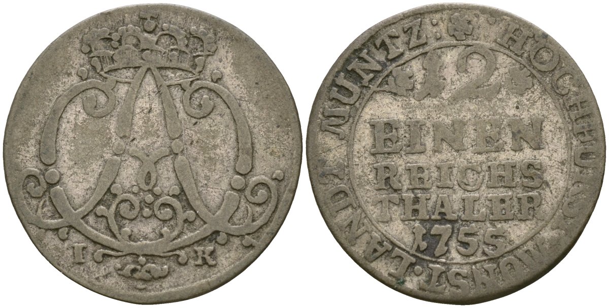 Мюнстер 1/2 талера 1755 IK KM 187 серебро 4132-1247