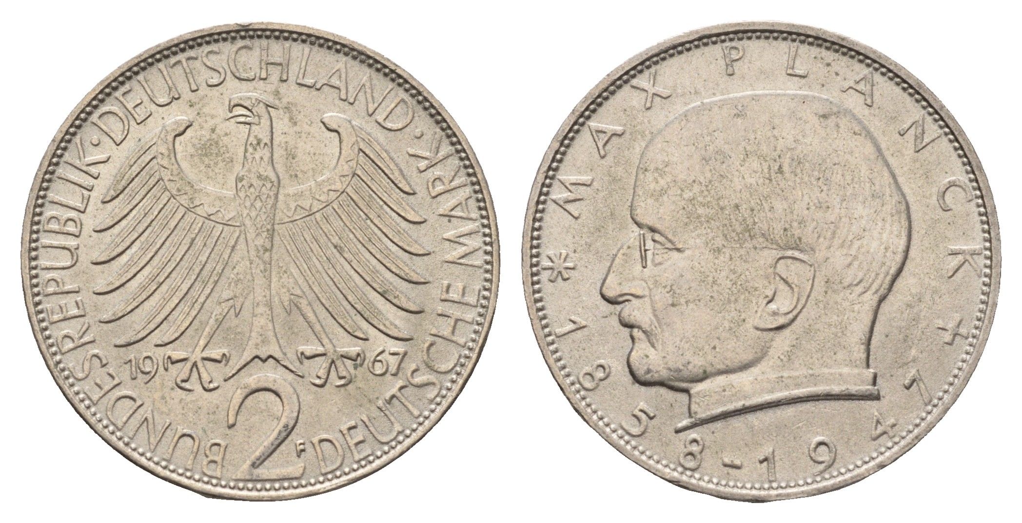 ФРГ 2 марки 1967 F, Макс Планк KM 116, J. 392 медно-никель 94-543
