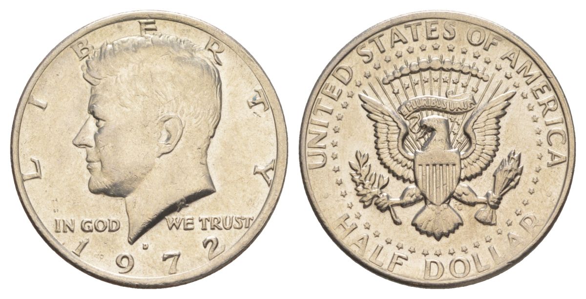 США 1/2 доллара (50 центов) 1972 D, Джон Кеннеди KM 202b медь плакированная медно-никелем aUNC 4117-111