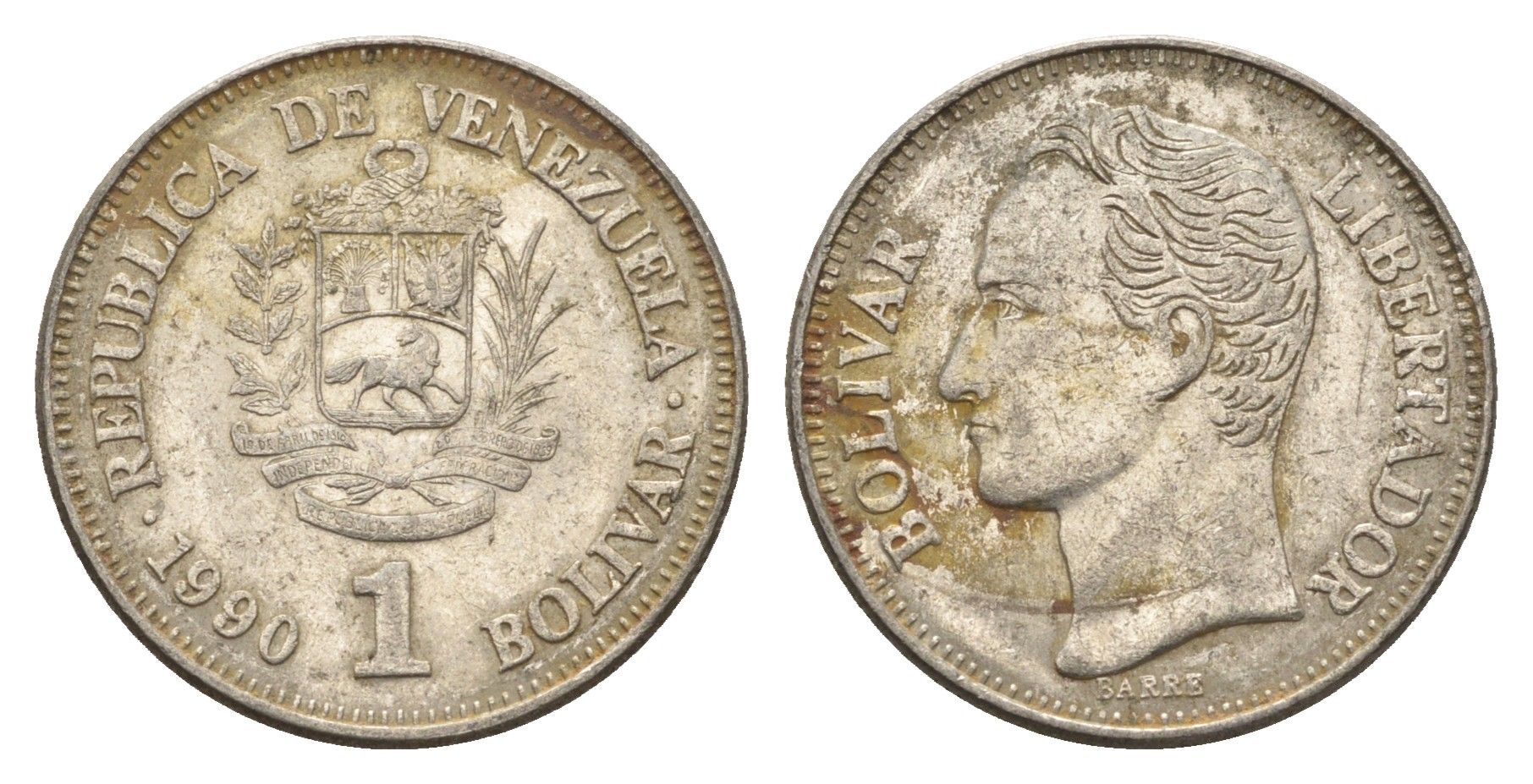 Венесуэла 1 боливар 1990 Симон Боливар Y 52a.2 сталь плакированная никелем 4662-925