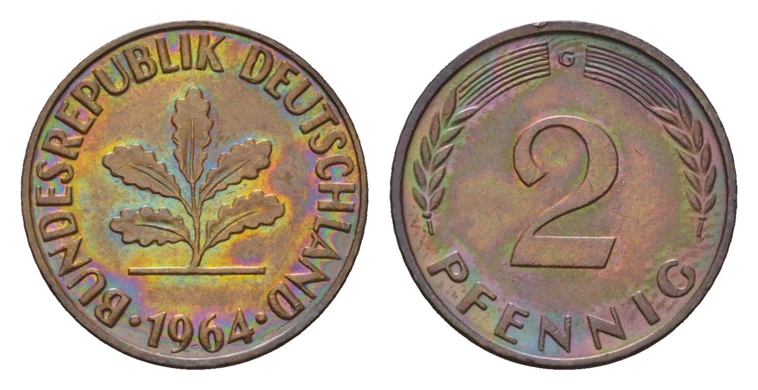 ФРГ 2 пфеннига 1964 G KM 106, J. 381 бронза 4682-1116