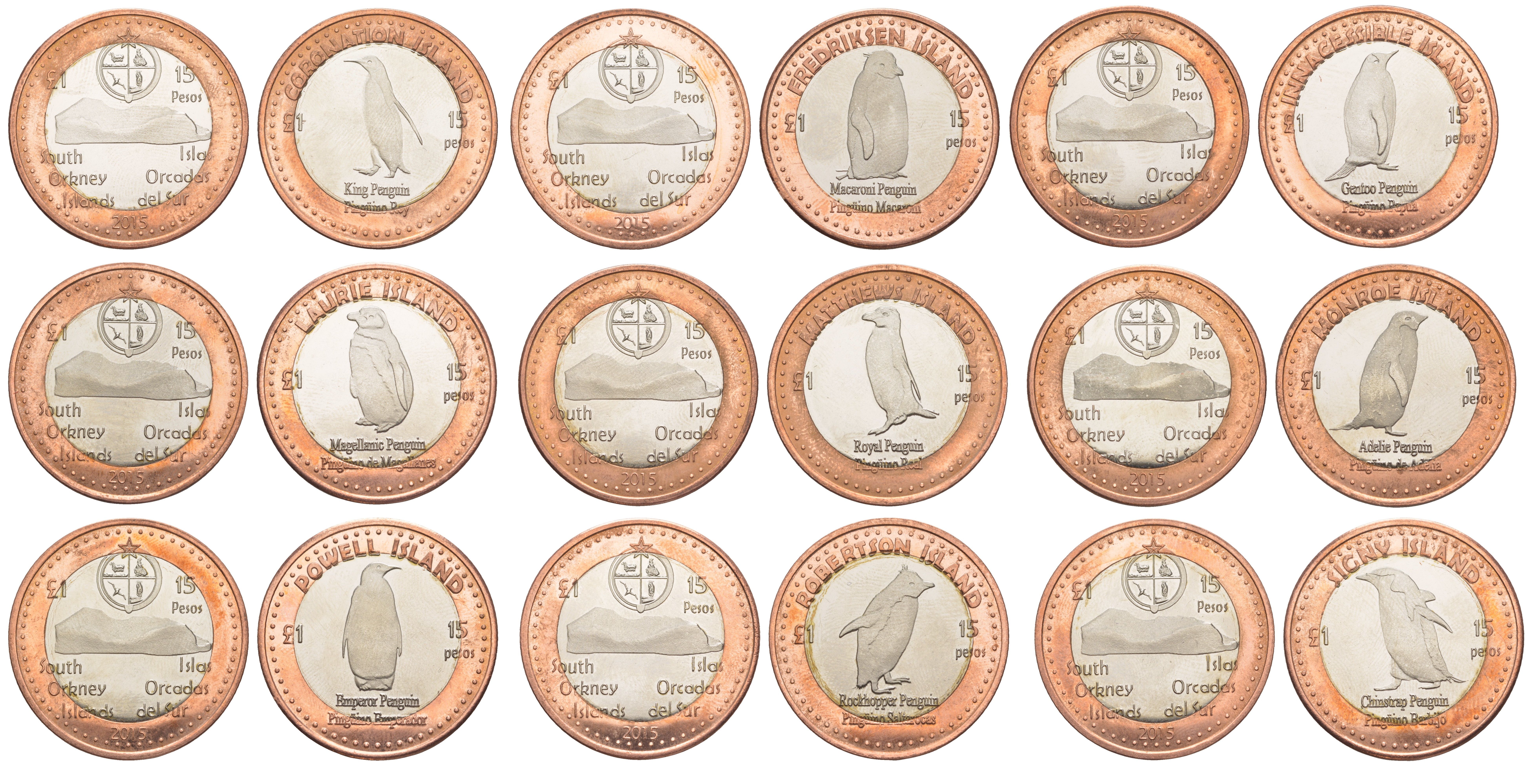 Южные Оркнейские острова полный набор из 9 монет (1 доллар) 2014 Острова Коронейшен, Фредриксен, Неприступный, Лори, Святого Матвея, Монро, Пауэлл, Робертсон и Сигни биметалл BU 1071-8-41-43