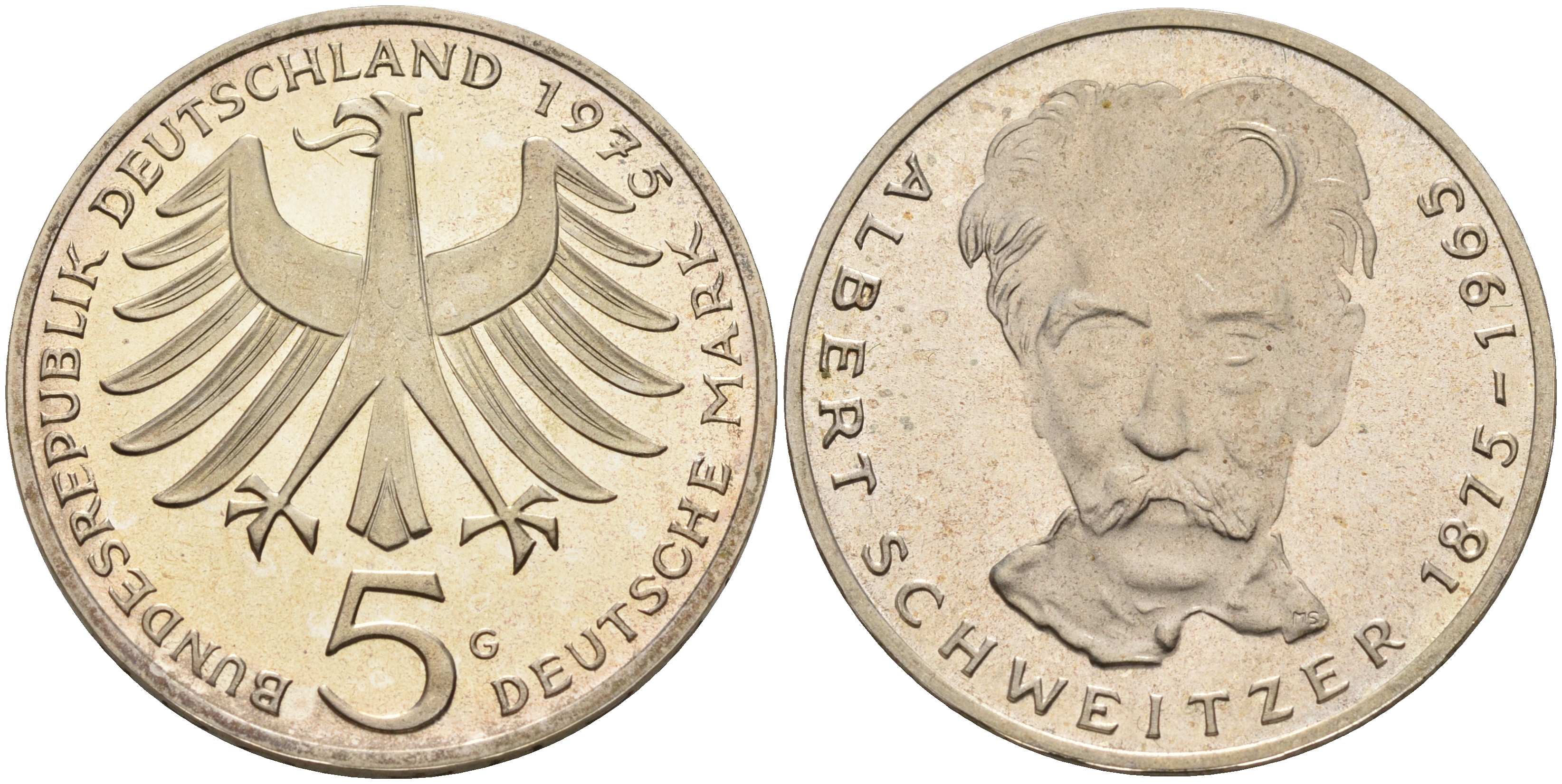 ФРГ 5 марок 1975 G, 100 лет со дня рождения Альберта Швейцара KM 143, J.418 серебро PROOF 02-230-54