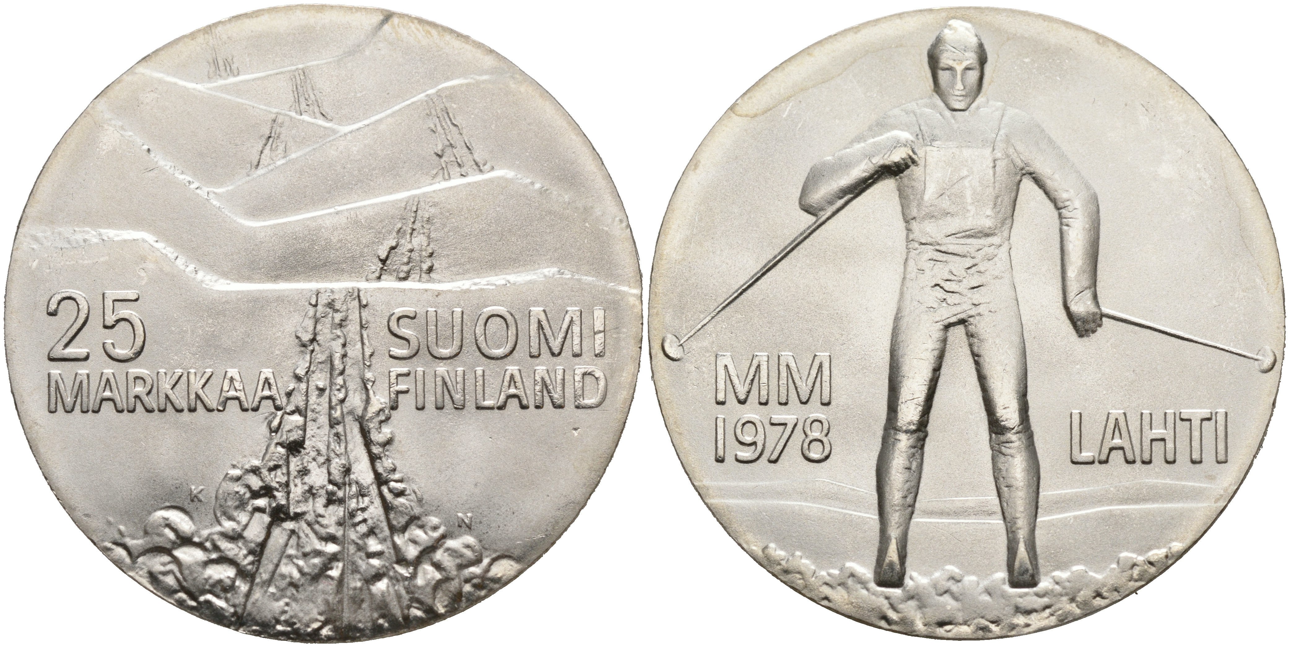 Финляндия 25 марок 1978 K-N, 21 Чемпионат мира по лыжным видам спорта 1978 в Лахти KM 56 серебро 4552-1022
