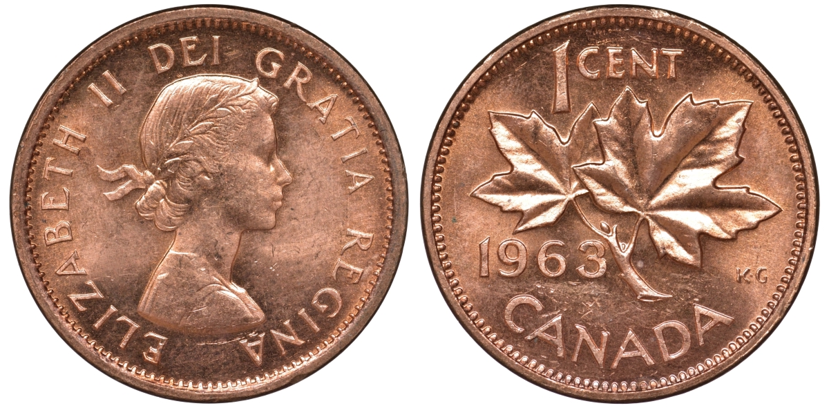 Канада 1 цент 1963 Елизавета II (1952-2022), кленовый лист KM 49 бронза 4596-416