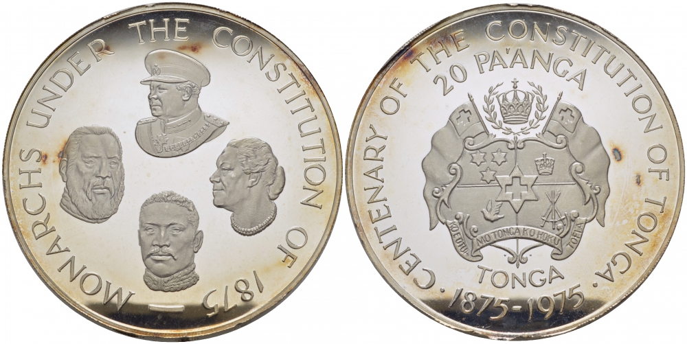 Тонга 20 паанга 1975 100 лет Конституции Тонги, 4 правителя, тираж 800 экземпляров KM 52 серебро PROOF 01-019-13-2