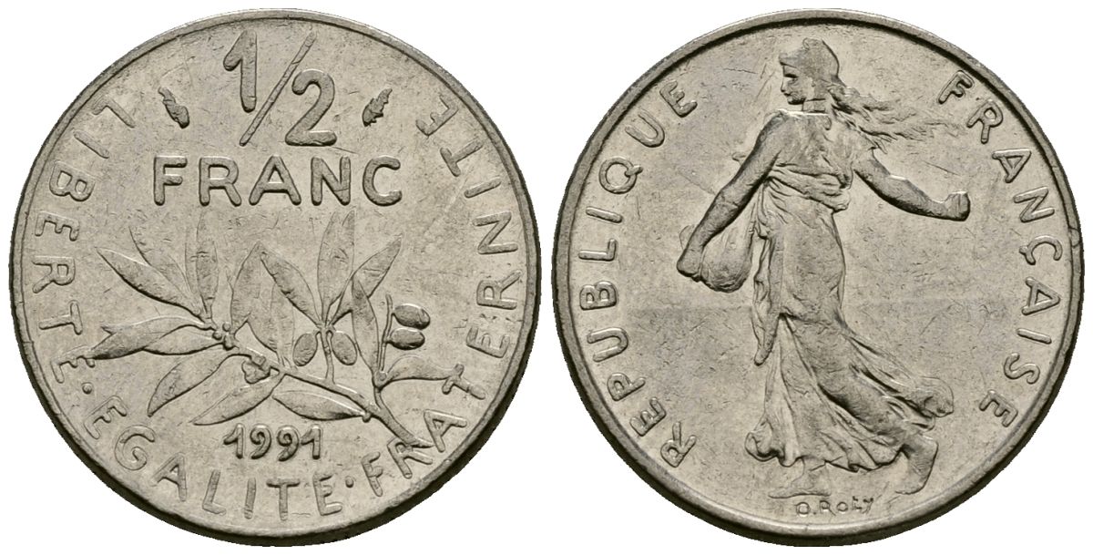 Франция 1/2 франка 1991 сеятель KM 931 никель 4135-741