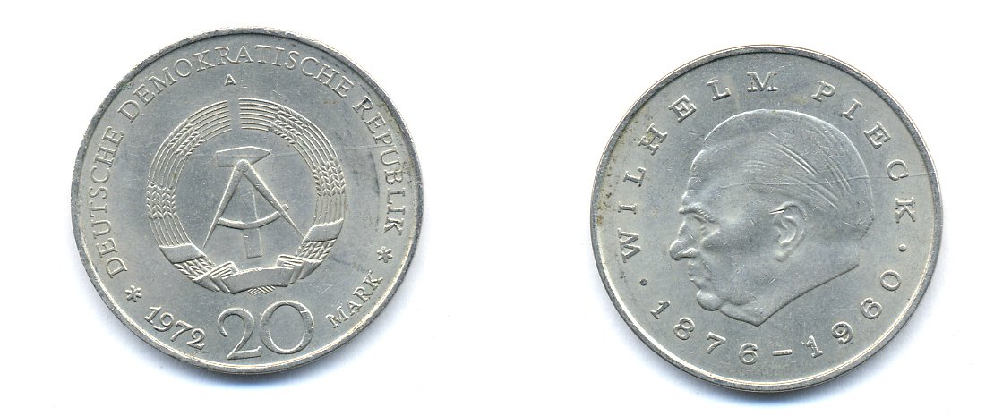 ГДР 20 марок 1972 А, Вильгельм Пик (1876-1960) KM 42 медно-никель 3333-424