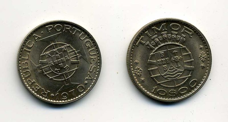 Португальский Тимор 10 эскудо 1970 год тип KM 21 медно-никель UNC 41-214