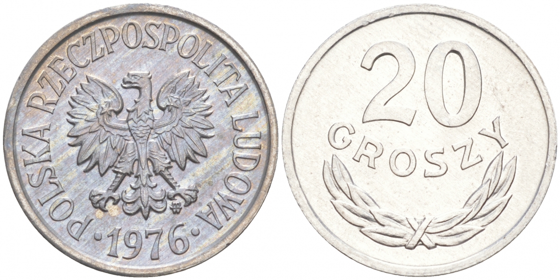 ПОЛЬША 20 ГРОШЕЙ 1976 MW KM А47 алюминий UNC 4516-529