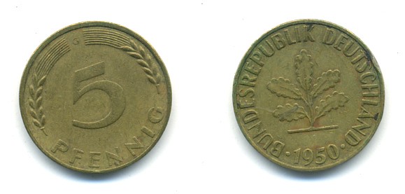 ФРГ 5 ПФЕННИГОВ 1950 G KM 107, J.382 сталь плакированная латунью 80-763